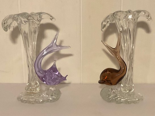 PR. Vintage Crystal Bud Vases, Amber Dolphin & Fish.