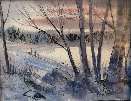 Lovely Petite Winter Watercolor Sunset Scene
