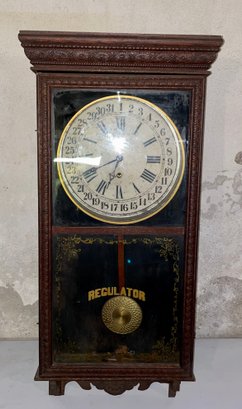1900s American Regulator Wall Clock W/ Key In Wooden Case By Sessions Clock Co Forestville CT