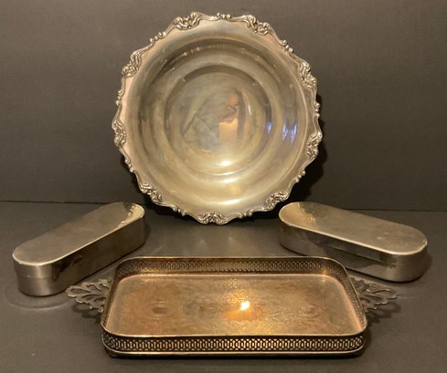 Silver Plated Footed Dish, 2 Keepsake Boxes & Tray