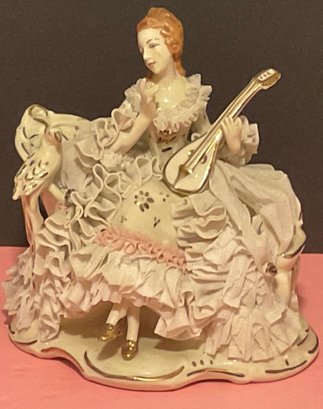Dresden Lace Lady Figurine, Violin & Sitting Bird #15