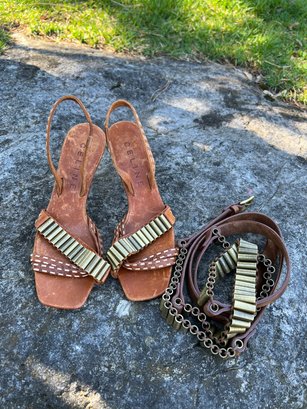 Celine Brown Leather Sandals & Matching Belt Size 6.5 B