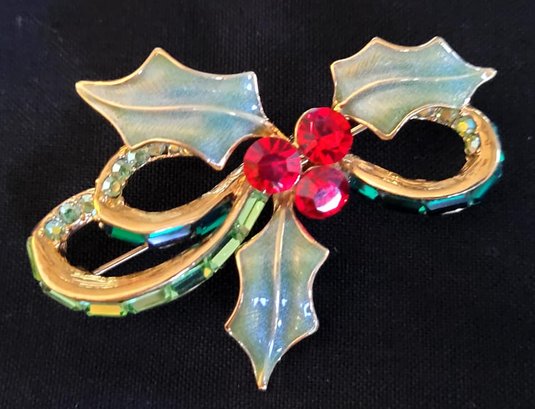 Lovely Enamel Holly Berry & Ribbon Colorful Brooch
