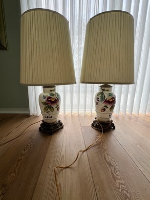 Pair Of White Milk Glass Hand Painted Lamps