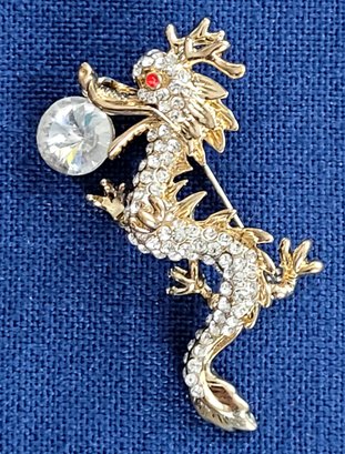 Gold Tone & Rhinestone Red Eye Dragon Brooch