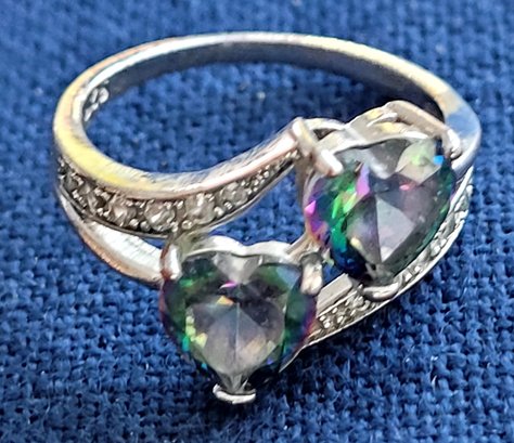 Sterling Silver 925 & Rainbow Quartz Double Heart CZ Band Ring