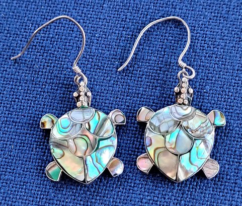Abalone And Sterling Silver Turtle Design Dangle Earrings