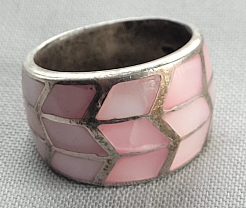 Vintage Sterling Silver 925 Beautiful Pink Mother Of Pearl Geometric Segmented Band Ring
