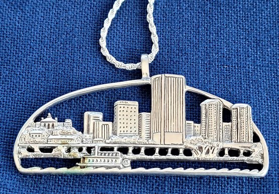 Vintage Large City Scape Sterling Silver Pendant Necklace - Schwarzchild H & H