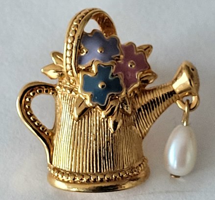 Gold Tone Flower Watering Can With Drop Pearl Lapel Pin