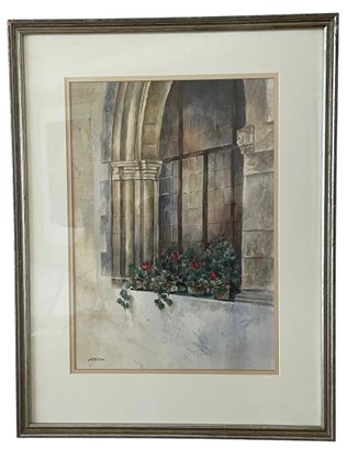 Watercolor 'Flowers On Stone Building' By P. Marra 18' X 24' (J)