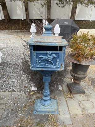 Blue Painted Cast Iron Vintage Mailbox