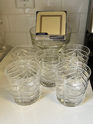 5 Brierley Old Fashioned Crystal Rock Glasses, With Ice Bucket, And Coasters