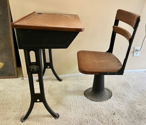 Vintage School House Wood And Metal Framed Table & Chair Detached