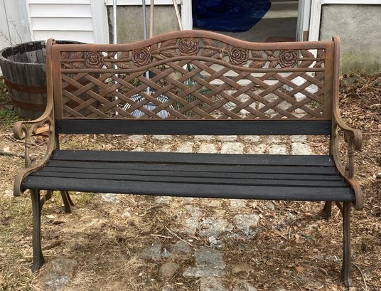 Cast Iron Bench - Wooden Slats With Rose Detail And Cover