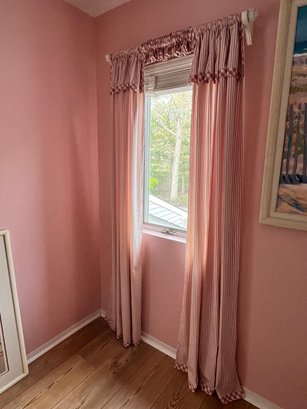 Pink And White Striped And Checkered Panel Curtains With Center Valance