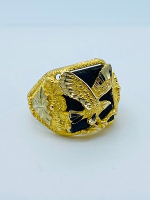 Awesome Screaming Eagle 10k Tri Color Gold & Onyx Ring
