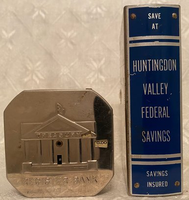 Two Still Coin Banks - Book Shaped Huntingdon Valley Federal Savings PA - Treasury Register Bank - Counter/day