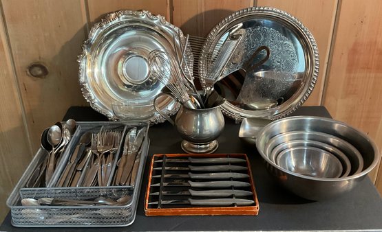 Pewter, Stainless, Silver Plate, Serving & Flatware Grouping