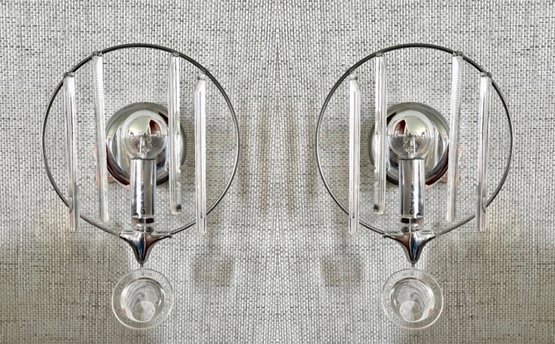 A Pair Of Modern Round Chrome And Crystal Sconces - Loc B