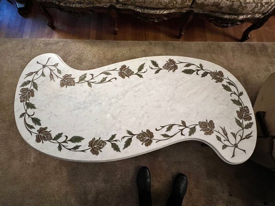 'S' Shaped Carved Marble Top Coffee Table, With Rose And Vein Motif, With Gilt Legs