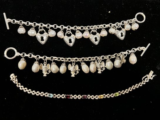 Sterling Silver With Charms, Freshwater Pearls, And A Silver Chain Bracelet W/ Colored Stones