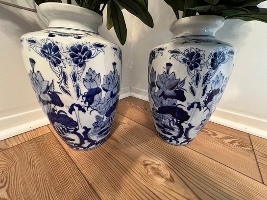 Blue And White Ginger Jar Style Vases With Faux Flowers