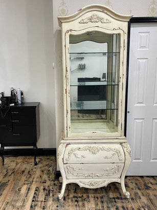 French Style Distressed Bombe Display Cabinet With Adjustable Glass Shelves And Two Drawers