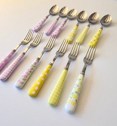 Collection Of Colorful Sabre Forks And Spoons (6 Of Each)