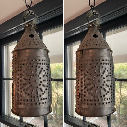Pair Of Colonial Style Pierced Tin Hanging Candle Lanterns