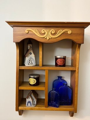 Wooden Wall Hanging Curio Wall Display Shelf & 2 Windy Meadows Pottery, Blue Glass & Candles
