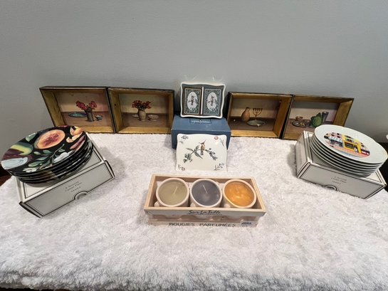 Canape Plates, NIB, Sweet, Sweet Wedgewood Covered Box With Playing Cards NIB, Candles, Country Framed Art