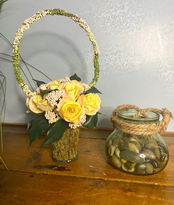 Flower Hoop Basket And Glass Jar With Rocks Candle Holder