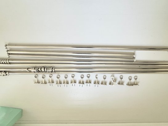 6 Silver Curtain Rods- All Different Sizes With Rings And Brackets