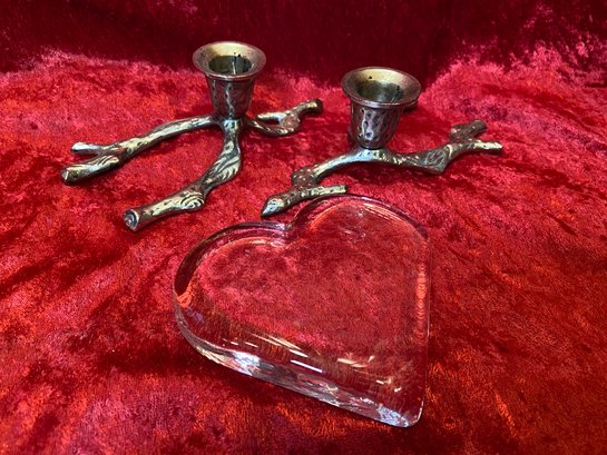 Pair Of Pewter Tree Branch Candlestick Holders 6x2' Heart Shaped Glass Paperweight 4.5x4.5'
