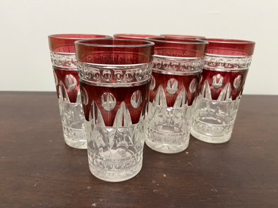 6 Cranberry Crystal Water Glasses