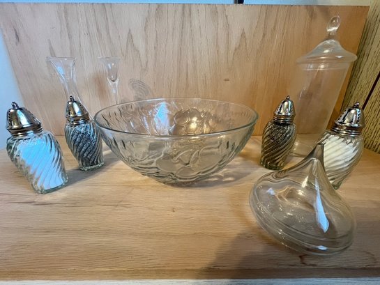 Clear Glass, 2 Sets  S & P, Bowl, Covered Dishes, Generous Lot
