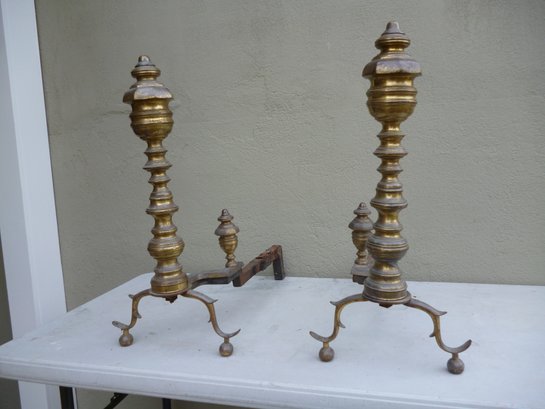 Fireplace Andirons Pair LOT 3 Brass Cast Iron