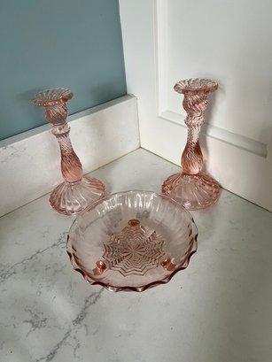 Pink Depression Glass Pair Of Candlesticks, With Star Patterned Candy Dish