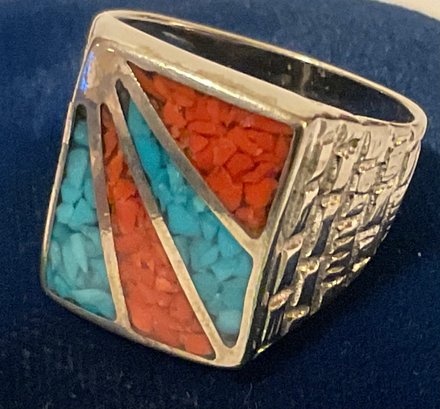 Vintage Sterling Silver 925, Coral & Turquoise Ring