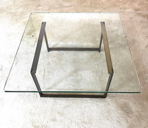 Vintage Modern 1970's Steel Base Half Inch Glass Top Coffee Table