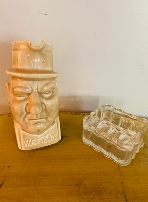 W.C. Fields Whiskey Pitcher And Antique Crystal Cigar Ashtray