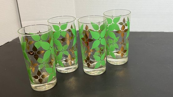 Set Of 4 Green & Gold Floral Ice Tea Glasses