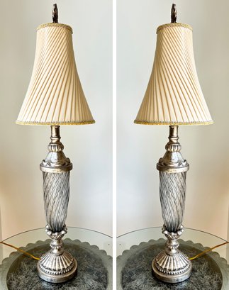 A Pair Of Elegant Table Lamps In Glass And Silver Leaf With Custom Pleated Silk Shades