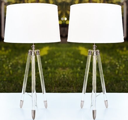 A Pair Of Fab Modern Designer Lucite And Chrome Surveyors Tripod Table Lamps