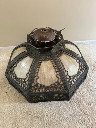 Vintage Antique Octagonal Filigreed Slag Glass Pendent Light