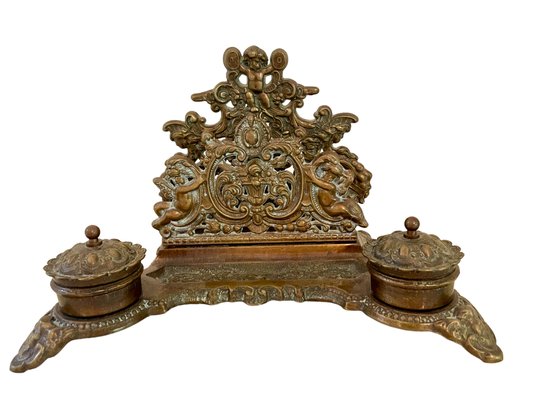 Antique Brass, Ornate Victorian Desktop  Inkwell And Letter Holder Combination.