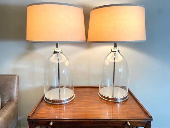 Pair Large Modern Glass & Chrome Table Lamps