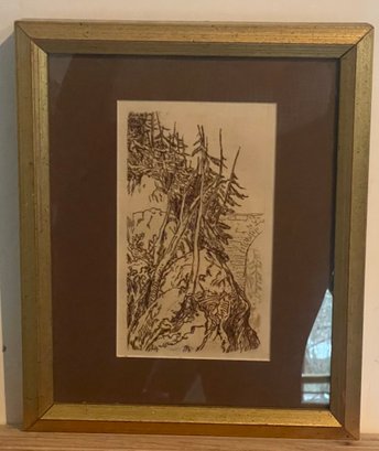 Framed Etching 'rocks And Pines' By Philip Gilbert Hamerton
