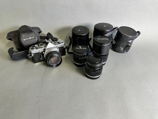 Olympus OM 1 35 Mm Camera And 3 Lenses
